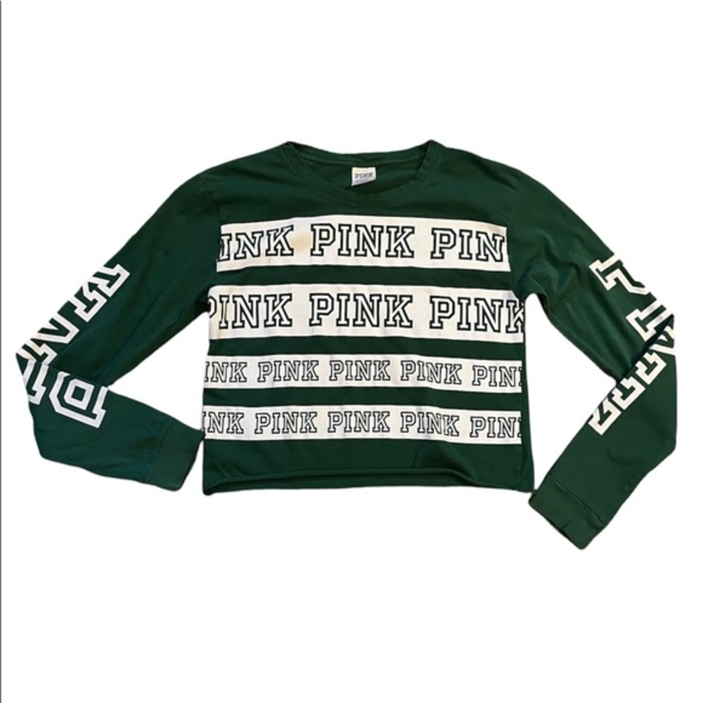 VS PINK Green Cotton Cropped Logo Long Sleeve Tee - GUC
